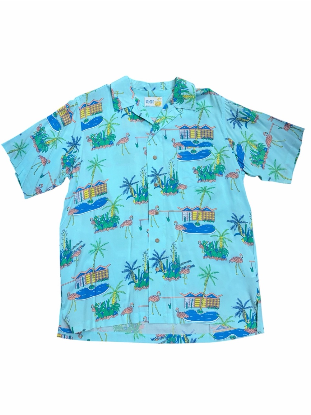 Splash House Tropical Flamingo Print Camp Shirt Light Aqua - Size Large